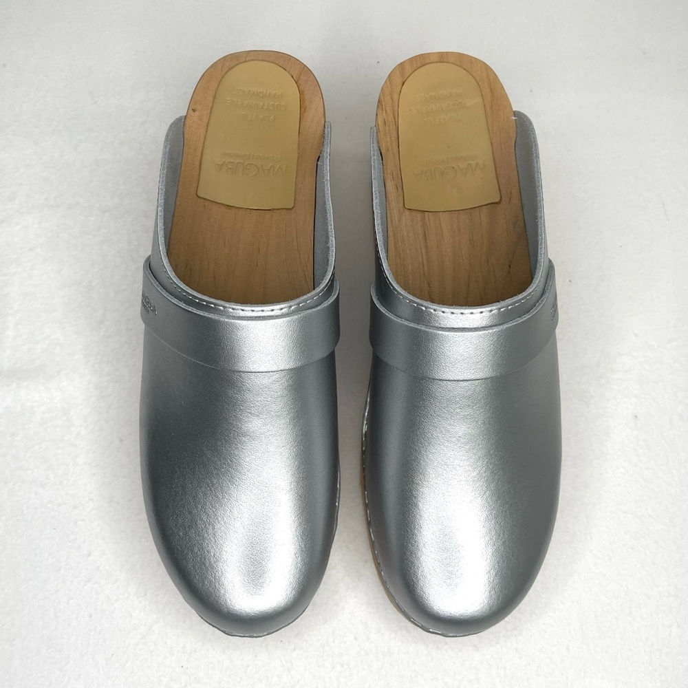 Maguba Swedish Metallic Silver Leather Clog Mules - Picture 3 of 4